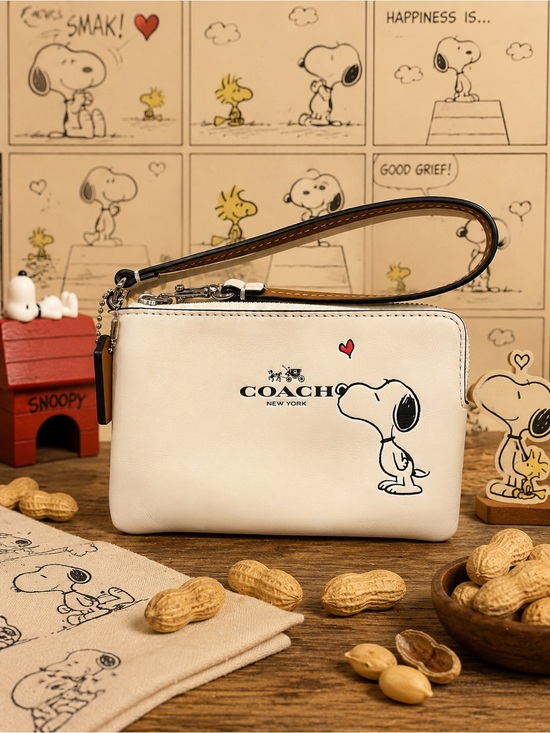 Coach Handbags - Coach x Peanuts Snoopy Corner Zip Wristlet Chalk White Leather EUC